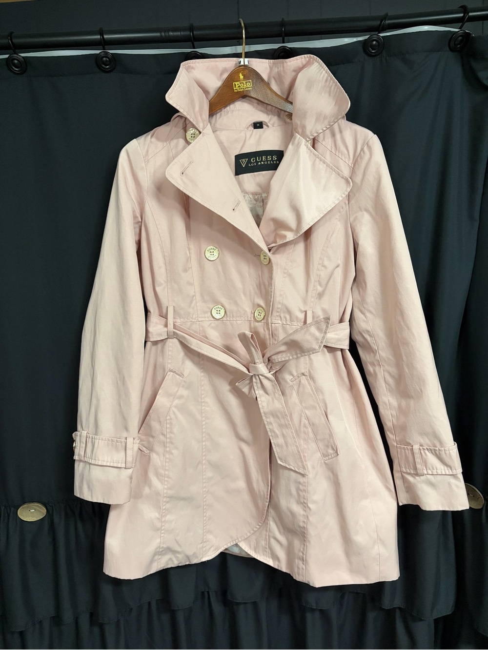Guess Blush Pink Double-Breasted Trench Coat with Hood size M